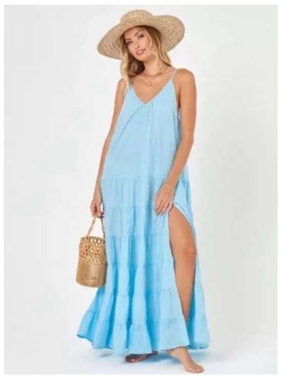 l*space Other - l*space Goldie Cover Up - Light Blue Tiered V-Neck Maxi Coverup with Side Slit